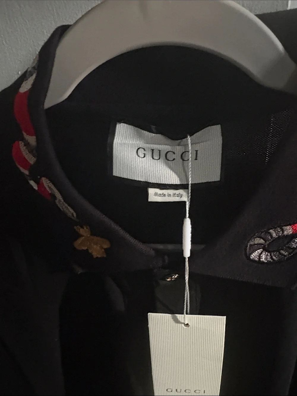 Gucci Black Polo with Red & White Snake Collar Embroidery